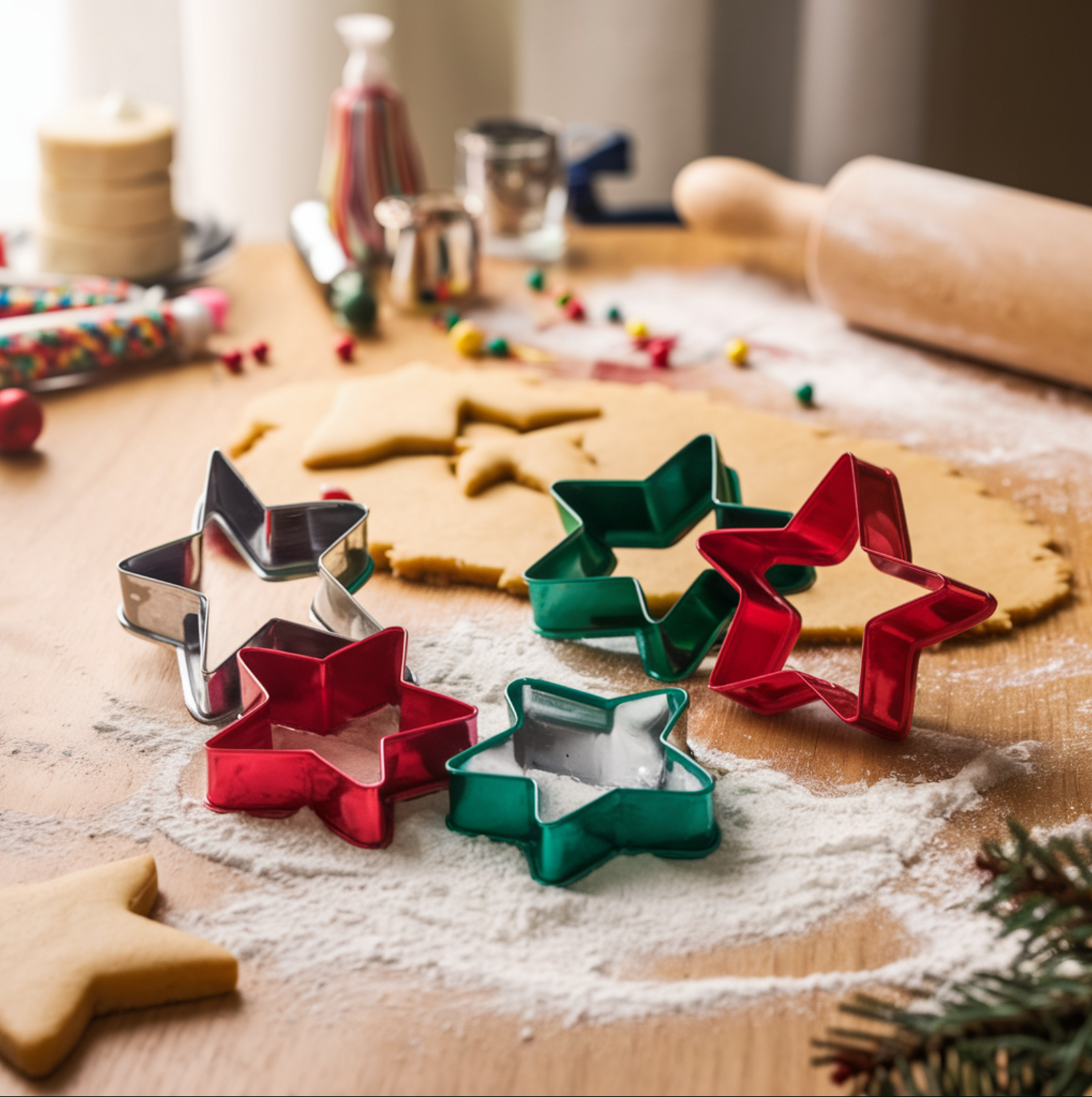 A festive kitchen scene with Christmas cookie cutters in shapes of stars, trees, and gingerbread men, placed on a flour-dusted wooden countertop with rolled-out dough and a rolling pin in the background.