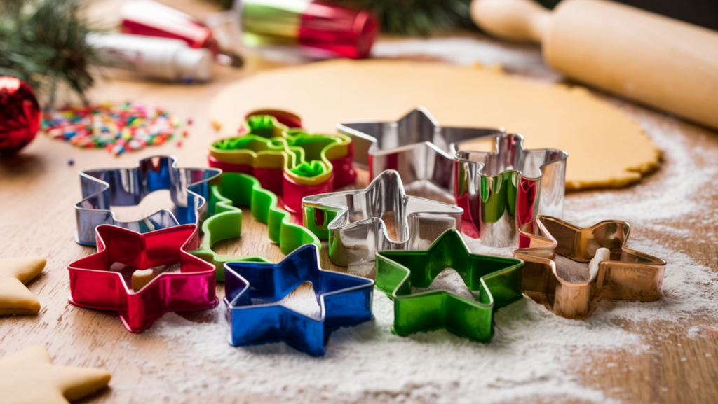 Close-up of colorful Christmas cookie cutters surrounded by sprinkles, icing tubes, and decorated holiday cookies on a rustic wooden surface.