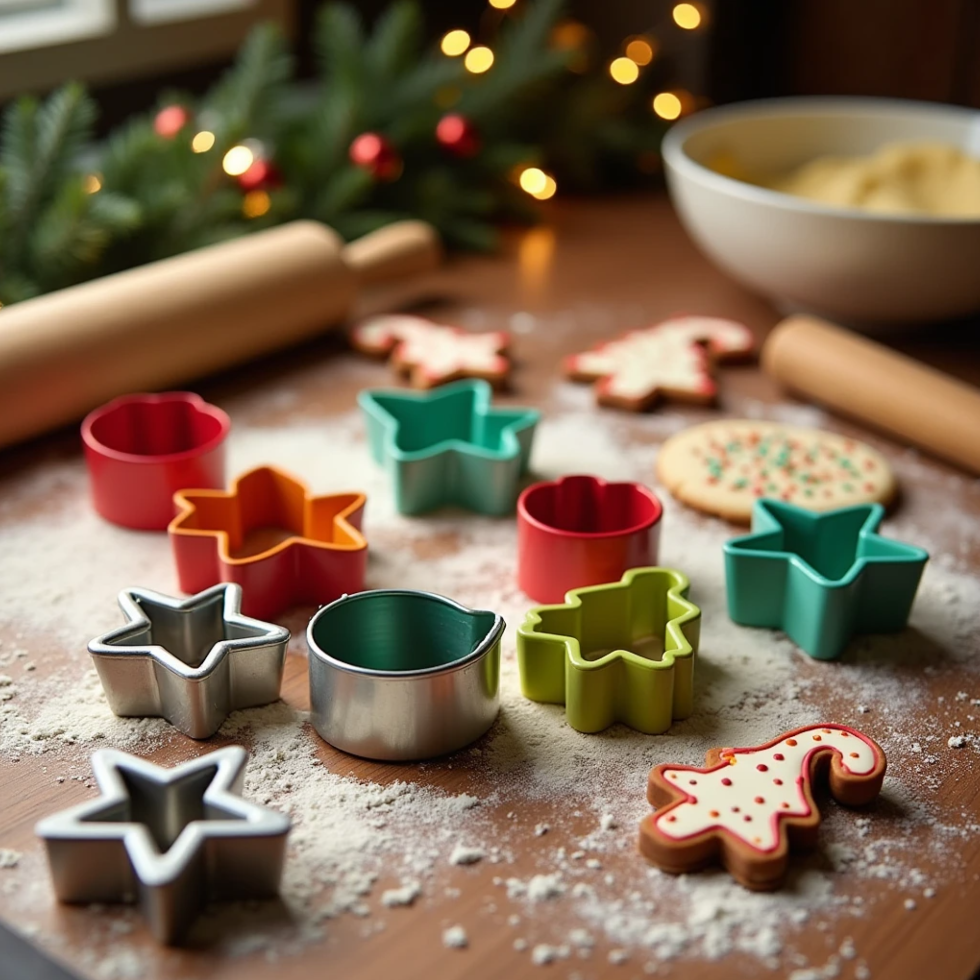 Christmas cookie cutters in festive shapes, including stars, trees, snowflakes, and candy canes, arranged on a flour-dusted wooden countertop. In the background, a rolling pin, a bowl of cookie dough, and decorated cookies with icing and sprinkles add to the cozy holiday baking atmosphere.where to buy christmas cookie cutters