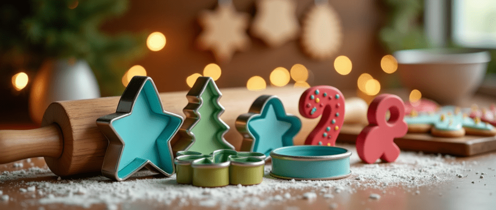 Christmas cookie cutters in festive shapes, including stars, trees, snowflakes, and candy canes, arranged on a flour-dusted wooden countertop. In the background, a rolling pin, a bowl of cookie dough, and decorated cookies with icing and sprinkles add to the cozy holiday baking atmosphere.