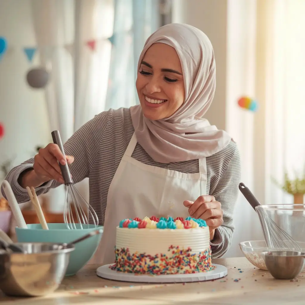 single mom baking own birthday cake