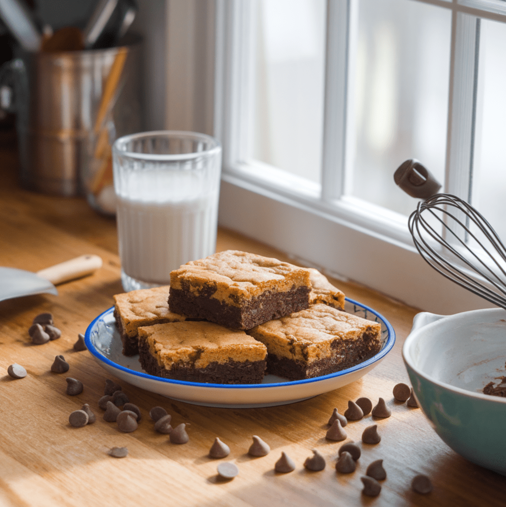 Plate of freshly baked brookie recipe on a wooden countertop, showing a rich brownie layer topped with a golden cookie layer