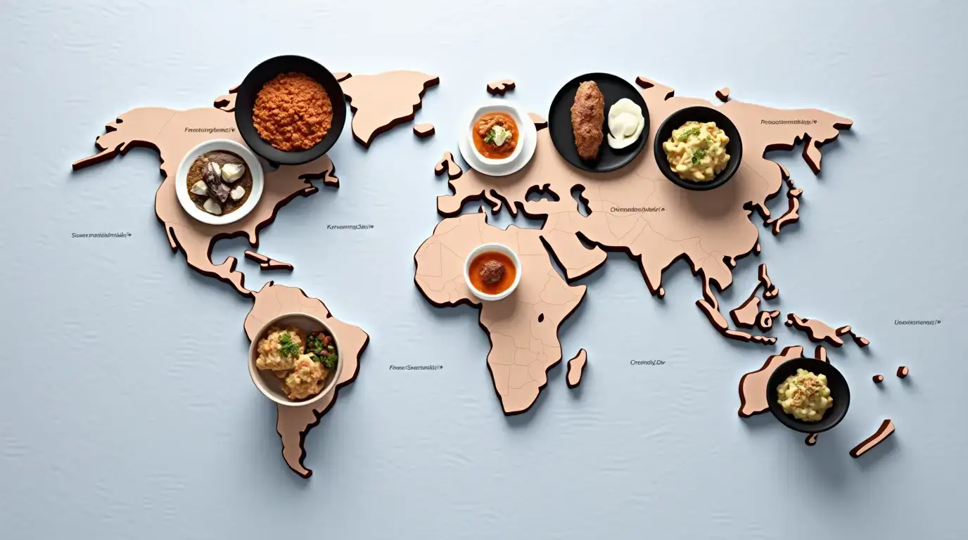 World map showcasing iconic dishes from different regions, representing the global culinary diversity celebrated by FoodGam. Each dish highlights the cultural significance and flavors of its respective region, aligning with FoodGam's mission to connect people through the exploration of food and gastronomy.