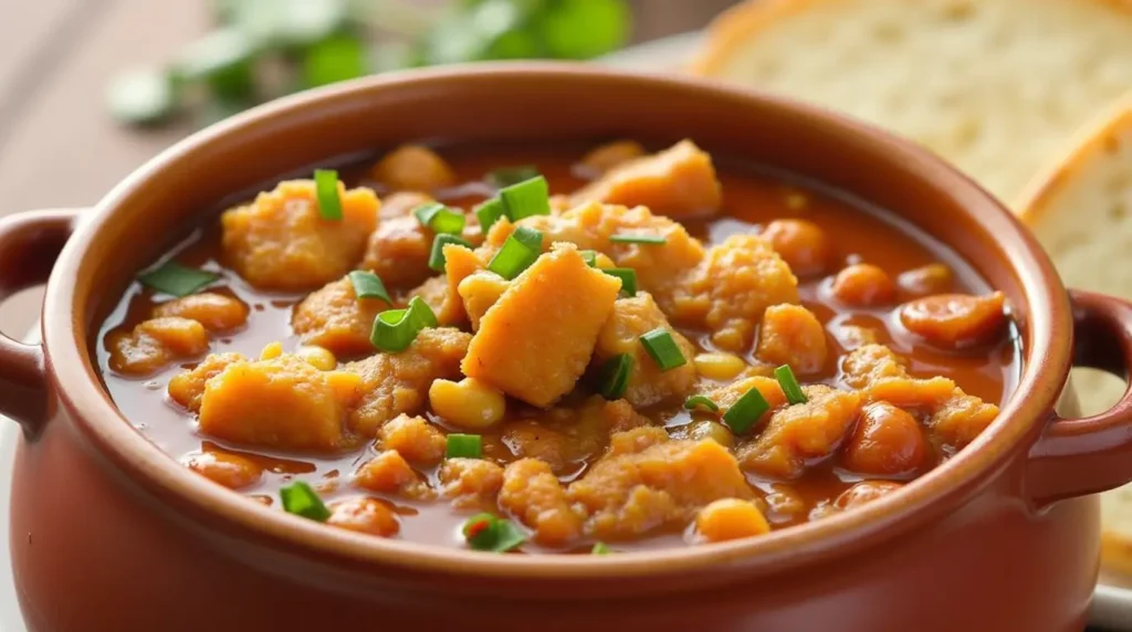 A steaming bowl of White Chicken Chili garnished with cilantro and a side of lime wedges.