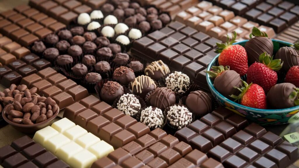 A close-up of delicious chocolate candy 2arranged on a platter with a glossy finish and creative designs.