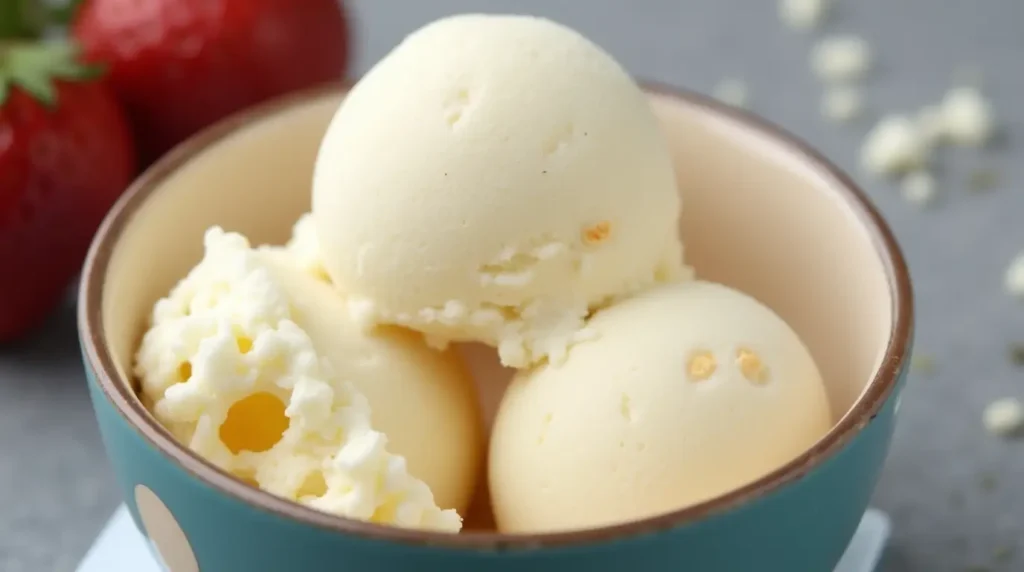 A bowl of creamy homemade snow ice cream topped with sprinkles and chocolate syrup.A bowl