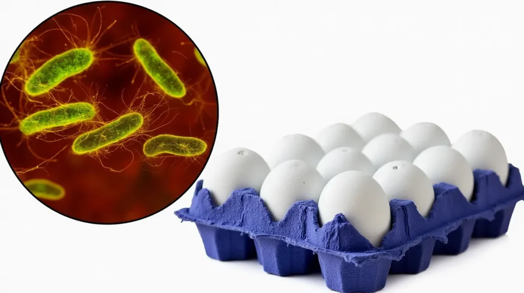 A close-up of eggs with potential risks of Salmonella contamination during production and handling.