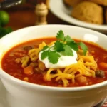 A steaming bowl of hearty taco soup garnished with fresh herbs and tortilla chips.