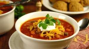 A steaming bowl of hearty taco soup garnished with fresh herbs and tortilla chips.