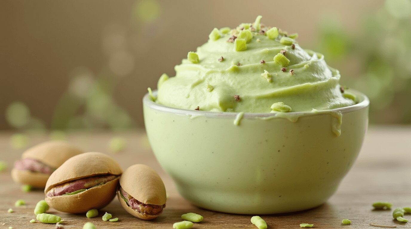 A vibrant jar of pistachio cream spread on toast alongside fresh pistachios, highlighting the creamy green texture. Where to buy pistachio cream,