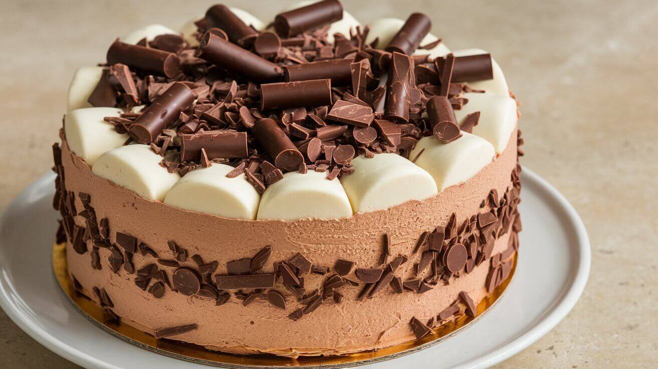 Triple Chocolate Mousse Cake with layers of dark, milk, and white chocolate mousse