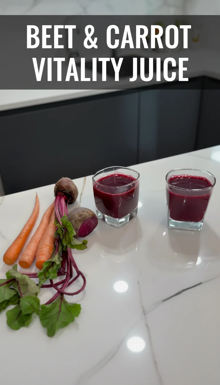 A vertical split layout containing two pictures of vibrant, ruby-red Beet & Carrot Vitality Juice in tall glasses, with the main keyword displayed in the center of the image.