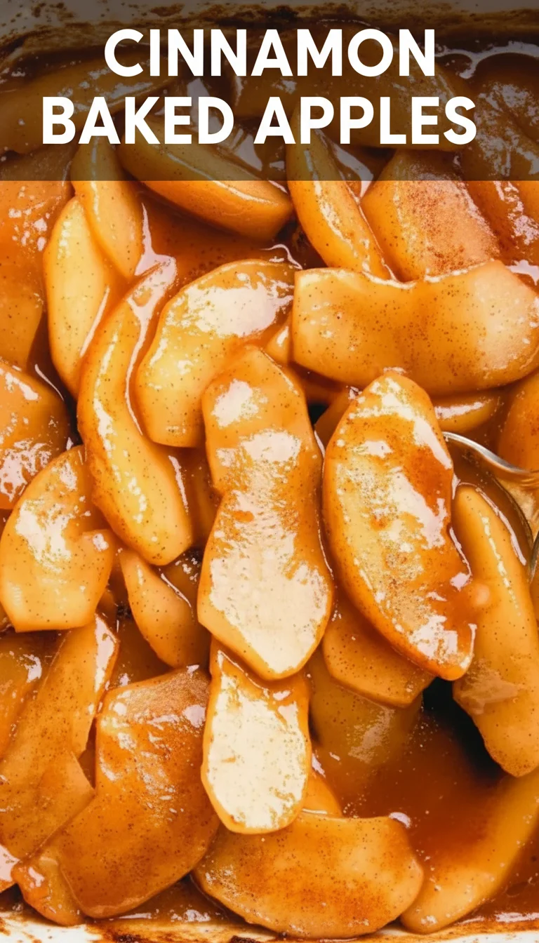 A vertical split layout containing two pictures with the main keyword 'Cinnamon Baked Apples' in the center. The top image shows fresh, sliced apples ready for healthy meal prep, while the bottom image features tender, golden baked apples drizzled in warm cinnamon syrup.