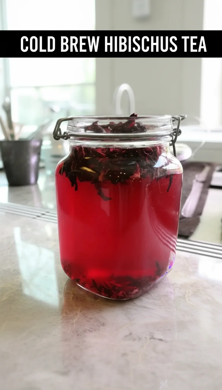 A vertical split layout featuring two stunning photos of vibrant, ruby-red Cold Brew Hibiscus Tea. The top shows fresh dried petals, and the bottom shows the iced tea in a tall glass with a mint garnish, part of our Healthy Drinks collection, with the main keyword 'Cold Brew Hibiscus Tea' in the center.