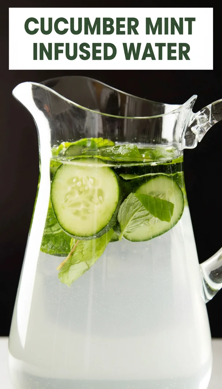 A vertical split layout containing two pictures of refreshing Cucumber Mint Infused Water with sliced cucumbers and mint sprigs. The main keyword 'Cucumber Mint Infused Water' is in the center for these Healthy Drinks.