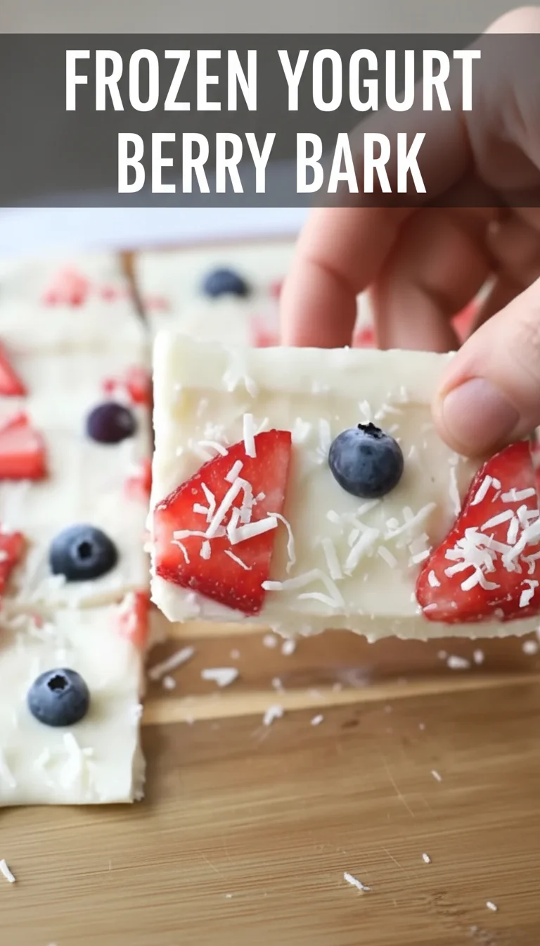 A vertical split layout containing two pictures with the main keyword 'Frozen Yogurt Berry Bark' in the center, showing creamy yogurt topped with vibrant strawberries and blueberries for healthy meal prep.