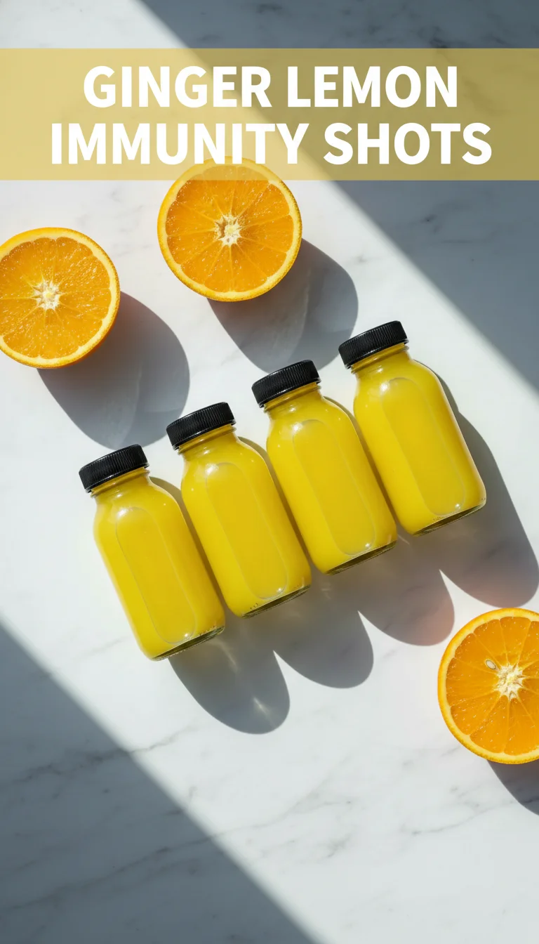 A vertical split layout containing two pictures of zesty yellow Ginger Lemon Immunity Shots in glass jars. The text 'Ginger Lemon Immunity Shots' is in the center. Fresh lemon slices and ginger root are visible, making these healthy drinks look refreshing and appetizing.