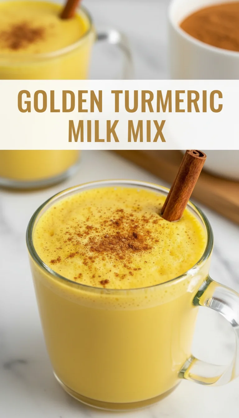 A vertical split layout showing two pictures of steaming, creamy Golden Turmeric Milk Mix in rustic mugs, with the text 'Golden Turmeric Milk Mix' in the center for Healthy Drinks.