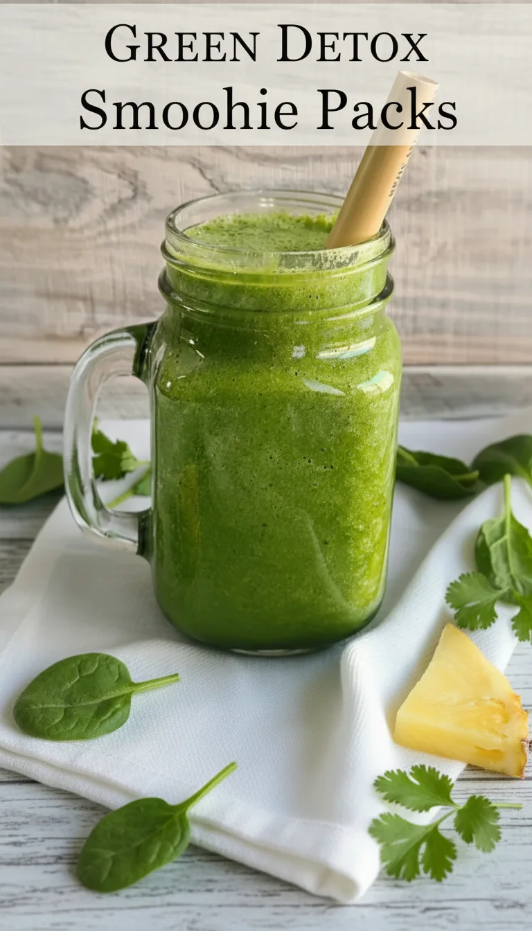 A vertical split layout featuring two images of fresh spinach, kale, and sliced fruit prepped in bags for Green Detox Smoothie Packs. The center text showcases these vibrant Healthy Drinks.
