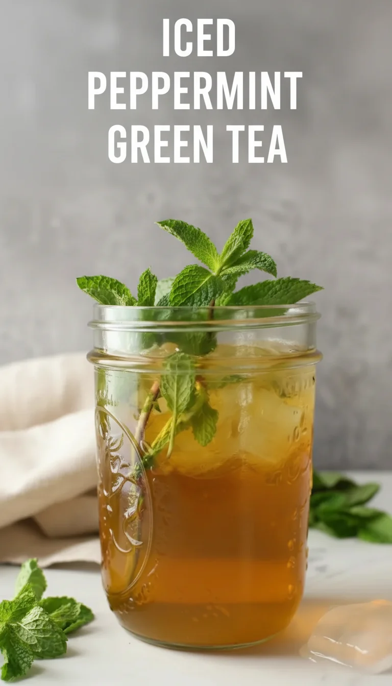 A vertical split layout showing two vibrant photos of chilled Iced Peppermint Green Tea with fresh mint leaves and ice cubes. The main keyword 'Iced Peppermint Green Tea' is centered over the image, highlighting these refreshing Healthy Drinks.