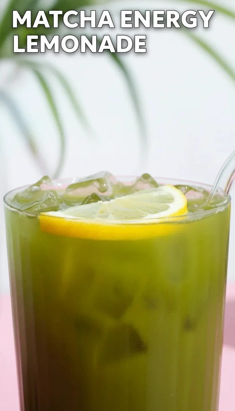 A vertical split layout featuring two refreshing glasses of green Matcha Energy Lemonade garnished with fresh lemon slices and mint. The text 'Matcha Energy Lemonade' is centered, highlighting these revitalizing Healthy Drinks.