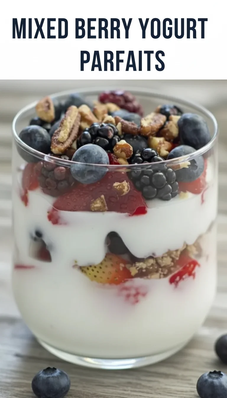 A vertical split layout containing two pictures with the main keyword 'Mixed Berry Yogurt Parfaits' in the center. The visuals show layers of vibrant berries and creamy yogurt, perfect for healthy meal prep ,Meal Planning.