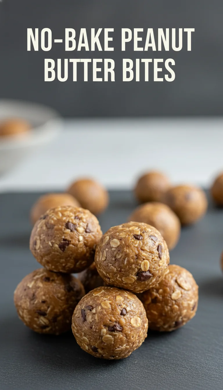 A vertical split layout showing two appetizing photos of No-Bake Peanut Butter Bites on a messy kitchen island, with the main keyword in the center for healthy meal prep and meal planning.