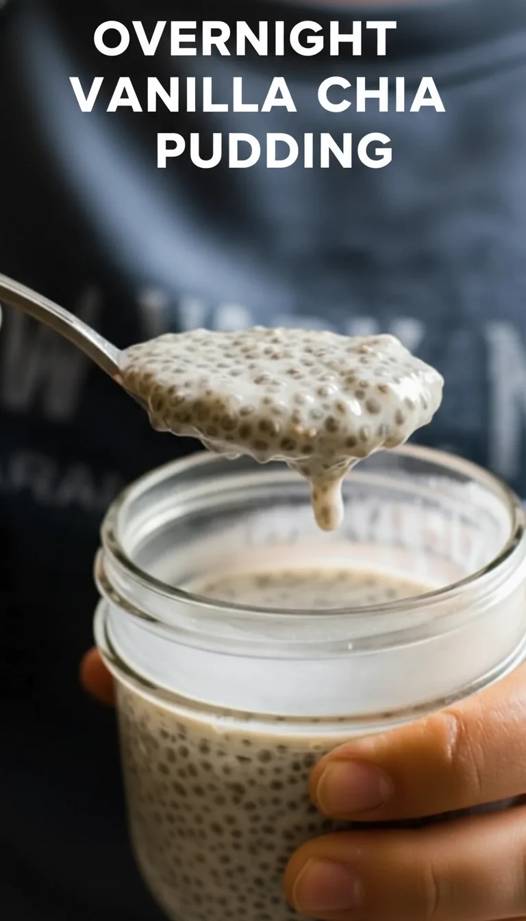 A vertical split layout containing two pictures of creamy Overnight Vanilla Chia Pudding with fresh berries and vanilla bean specks, with the main keyword in the center for healthy meal prep.
