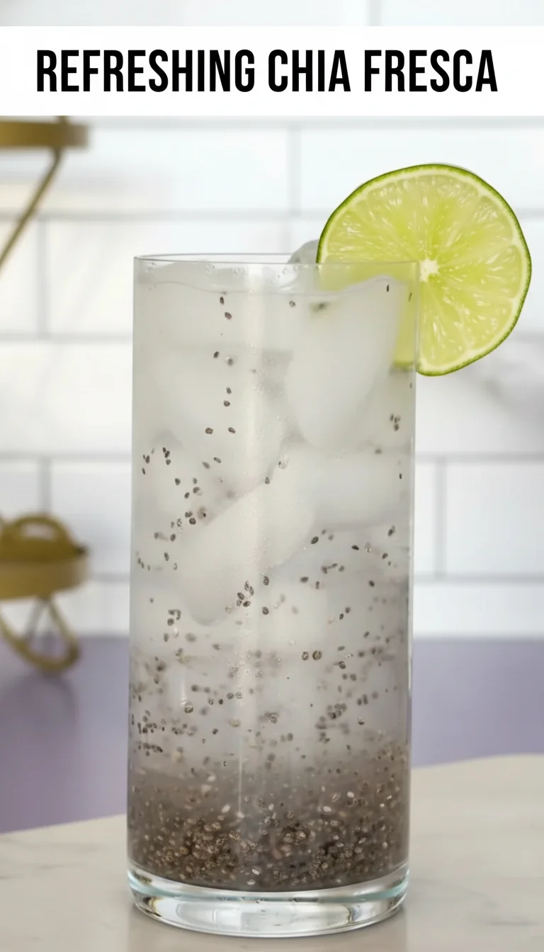 A vertical split layout containing two pictures with the main keyword 'Refreshing Chia Fresca' in the center. The top displays a lemon-lime chia water with ice and mint, while the bottom shows a berry-infused version, highlighting these delicious Healthy Drinks.