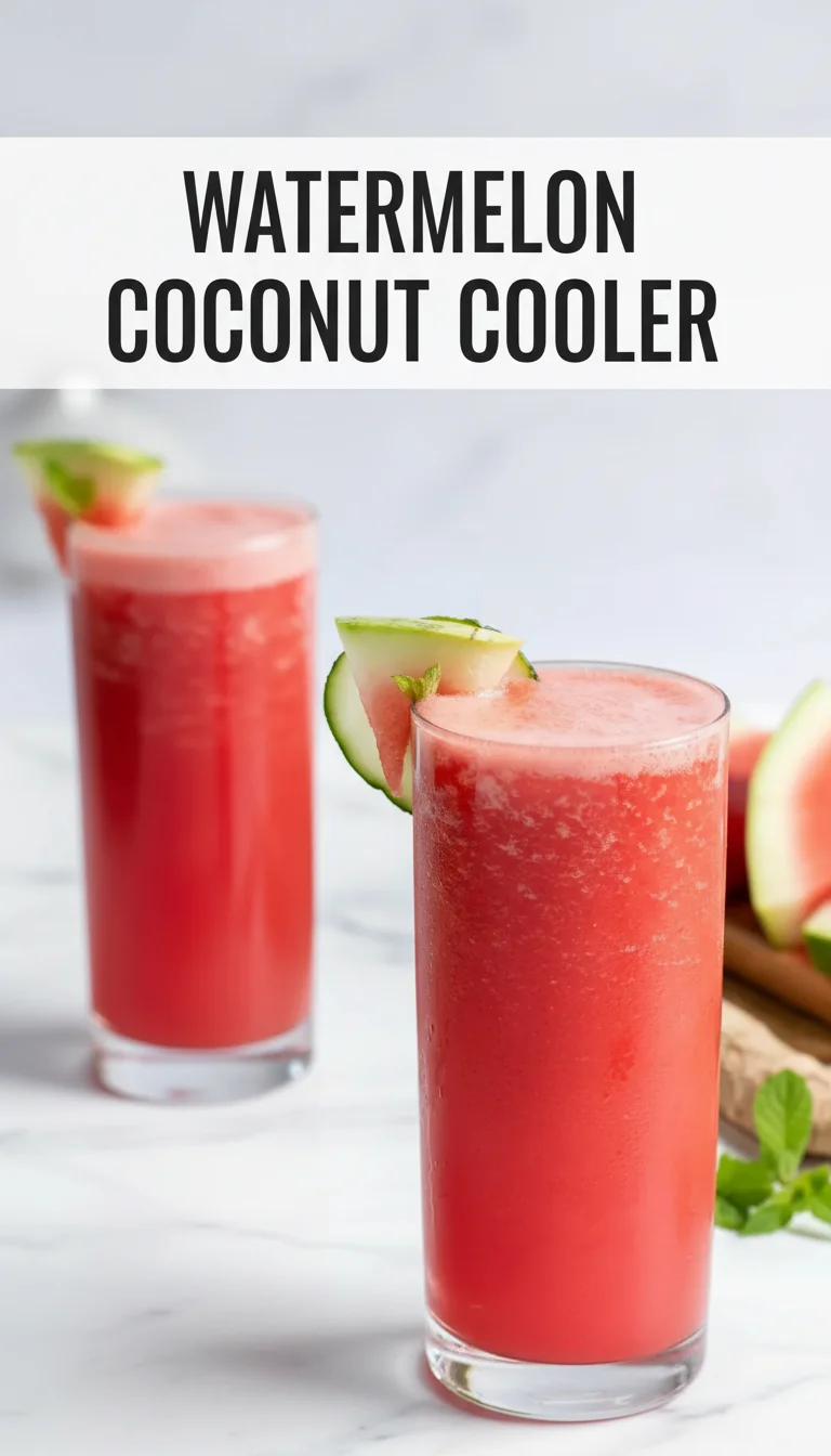 A vertical split layout image showing two appetizing views of a vibrant pink Watermelon Coconut Cooler topped with fresh mint. The main keyword 'Watermelon Coconut Cooler' is displayed in the center, highlighting these delicious Healthy Drinks.