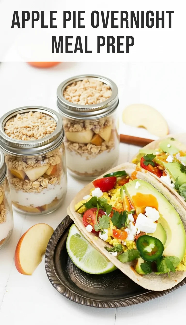A vertical split layout containing two pictures with the main keyword 'Apple Pie Overnight Meal Prep' in the center. The top photo displays creamy oats topped with spiced cinnamon apples, and the bottom shows organized jars ready for your weekly Meal Prep.