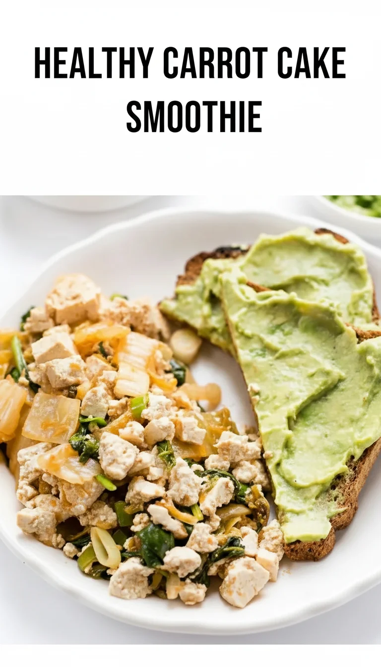 A vertical split layout containing two pictures with the main keyword 'Healthy Carrot Cake Smoothie' in the center. The images showcase a creamy, spiced orange smoothie topped with crushed walnuts and fresh, vibrant carrots, making for a delicious and healthy breakfast visual.