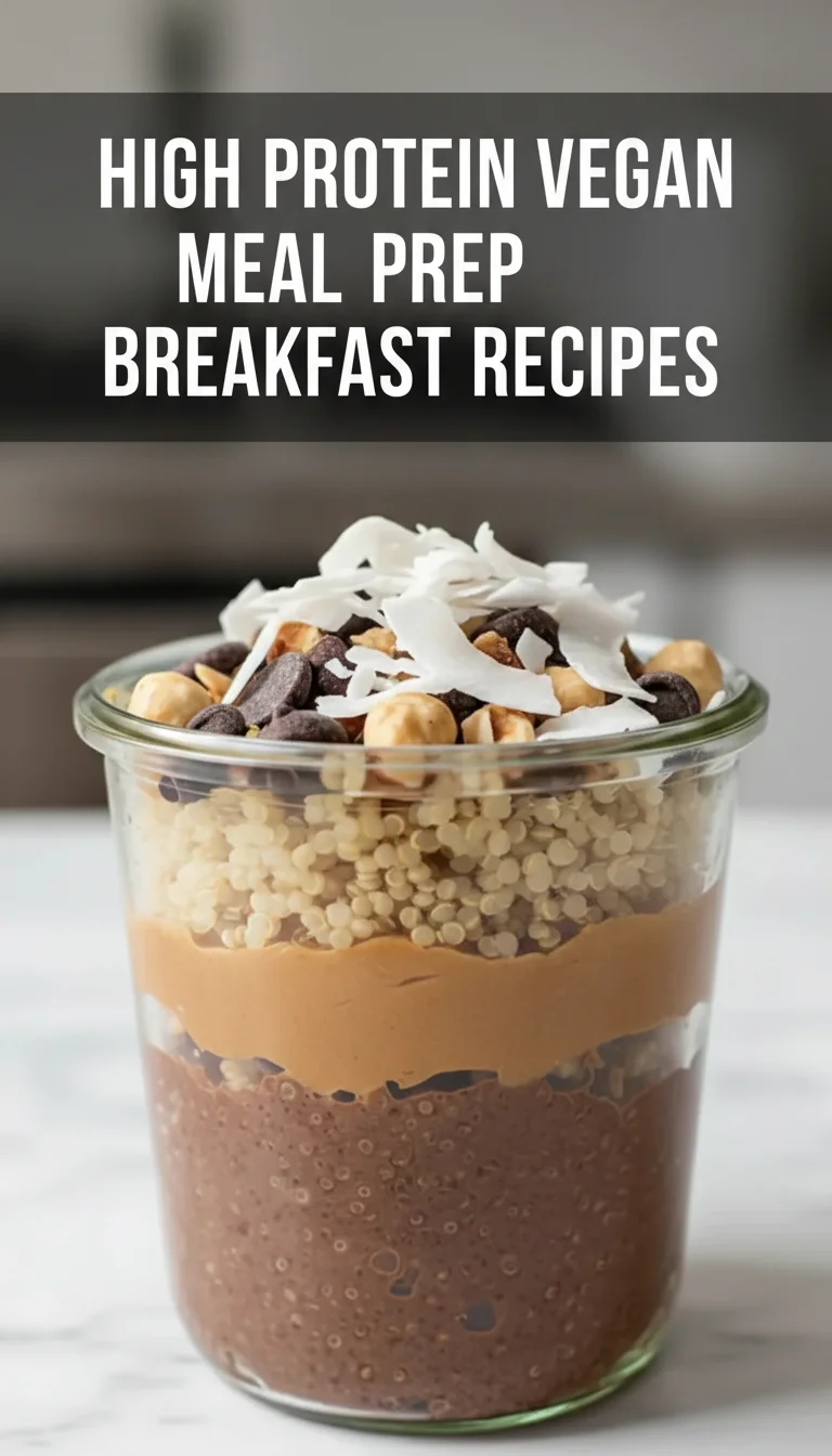 A vertical split layout containing two pictures with the main keyword 'High Protein Vegan Meal Prep Breakfast Recipes' in the center. Featuring a savory tofu scramble and berry-topped oats for easy meal prep.