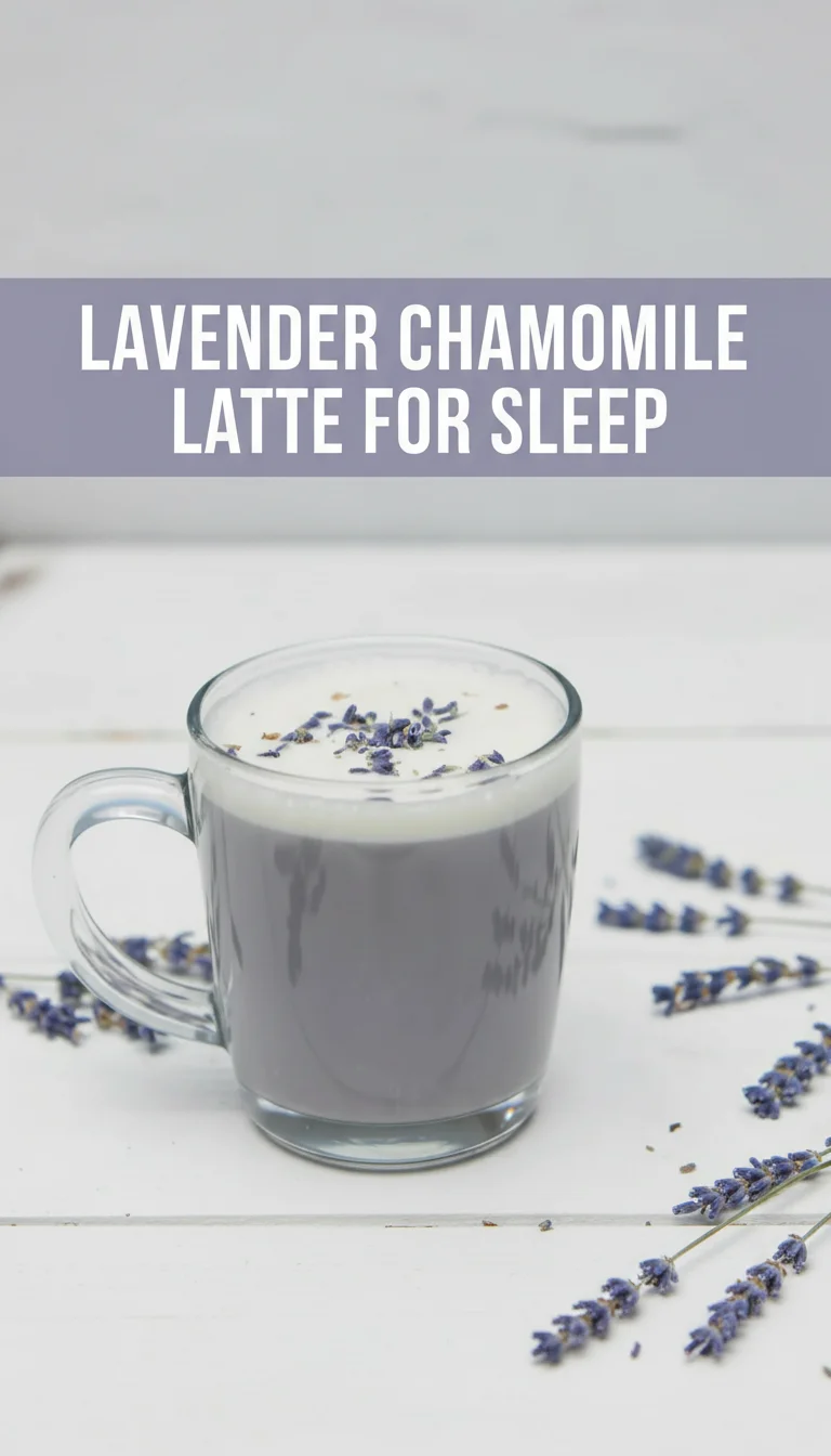 A vertical split layout containing two pictures with the main keyword 'Lavender Chamomile Latte For Sleep' in the center. The top shows a creamy, frothy purple latte topped with dried lavender, while the bottom features a steaming mug of this soothing Healthy Drinks recipe next to delicate chamomile flowers.
