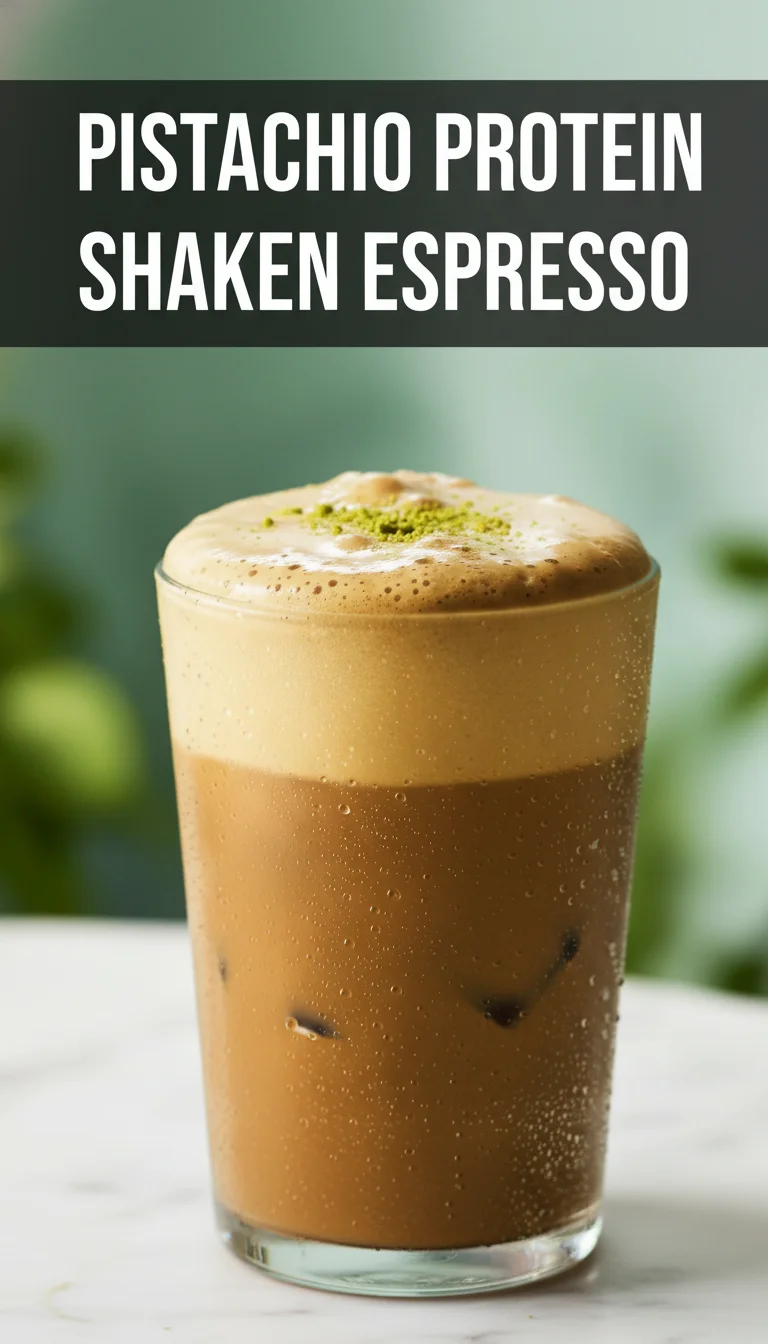 A vertical split layout showing two appetizing shots of a frothy Pistachio Protein Shaken Espresso with vibrant green nut accents. The text in the center highlights this nutritious choice for Healthy Drinks.