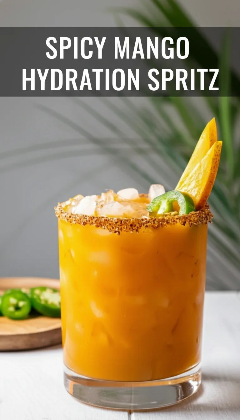A vertical split layout featuring two pictures with the text 'Spicy Mango Hydration Spritz' in the center. Includes fresh mango slices and a sparkling glass of these refreshing Healthy Drinks.