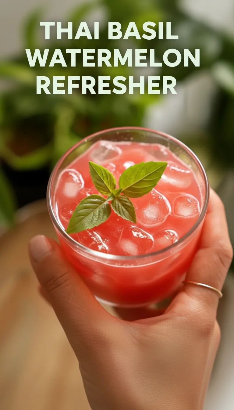 A vertical split layout containing two pictures with the main keyword 'Thai Basil Watermelon Refresher' in the center. The top shows ripe watermelon slices, while the bottom showcases a sparkling pink glass of this nourishing Healthy Drink.